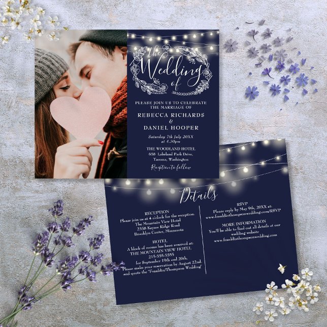 Budget Navyblå Ljussättning Foto Bröllopsinbjudan (Budget Navy Blue Lights Photo Wedding Invite)