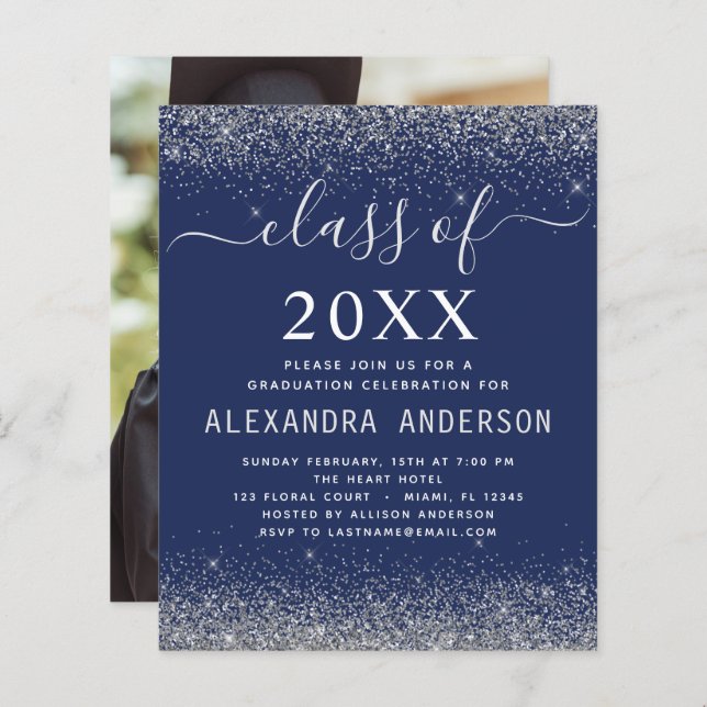 Budget Navyblå Silver Foto Examen 2023 (Fram/baksida)