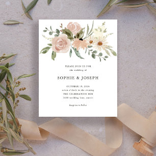 BUDGET Neutralt Watercolor Flowers Vita Bröllop Flygblad