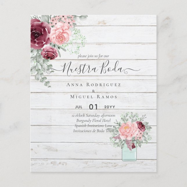 BUDGET Nuestra BODA Burgundy Rosa Blommigt Bröllop (Framsida)