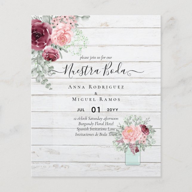 BUDGET Nuestra BODA Burgundy Rosa Blommigt Bröllop Flygblad (Framsidan)