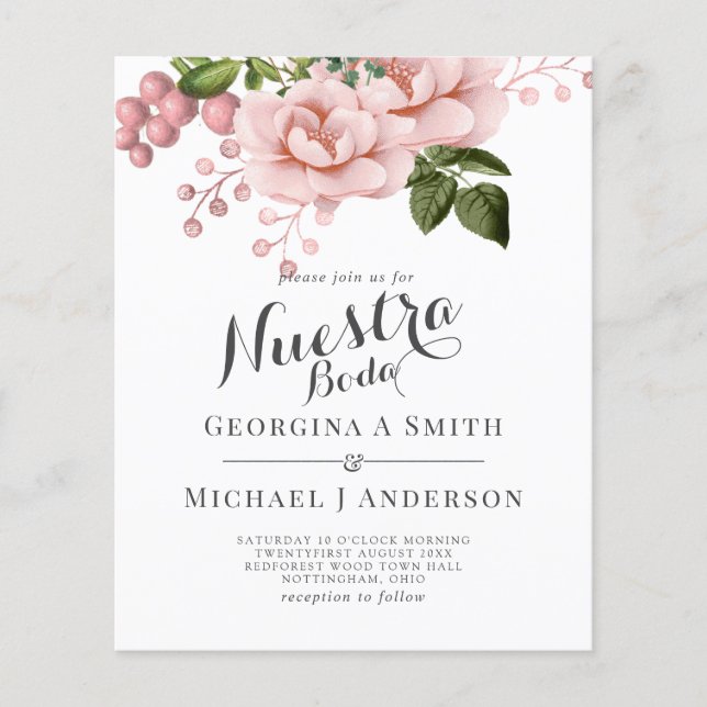 BUDGET Nuestra Boda-inbjudan -  Rosa ros (Framsida)