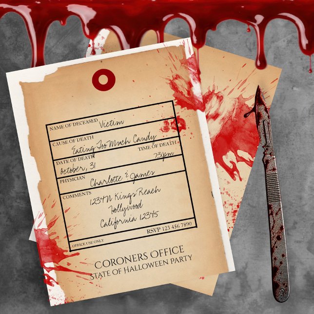 BUDGET Nyhet Halloween Tå Märka Koroners Kontor (BUDGET Novelty Halloween Toe Tag Coroners Office Invites by Ricaso. Spooky party invitations)