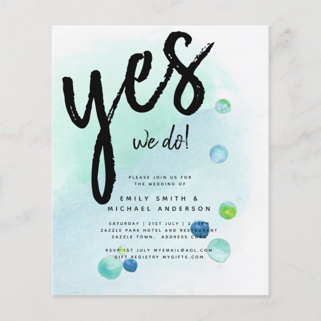 BUDGET Ocean Sea Glass Ombre Teal Blue Bröllop INV Flygblad (Framsidan)