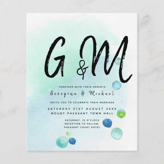 BUDGET Ocean Sea Glass Ombre Teal Blue Bröllop INV Flygblad (Framsidan)