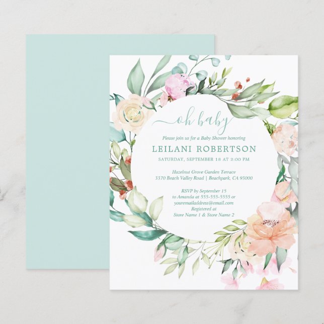 Budget Oh Baby Blommigt Wandewer-inbjudan (Fram/baksida)