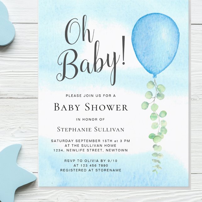 Budget Oh Baby blue Balloon Baby Shower-inbjudan (Skapare uppladdad)