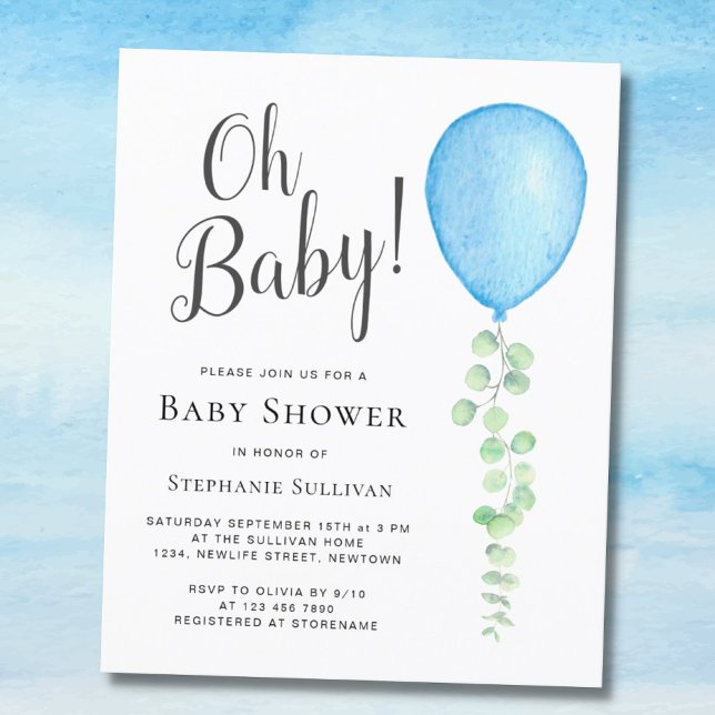 Budget Oh Baby blue Balloon Baby Shower-inbjudan (Skapare uppladdad)