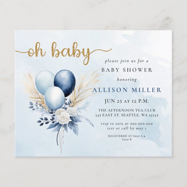 Budget Oh Baby blue Guld Boho Boy Shower (Framsida)