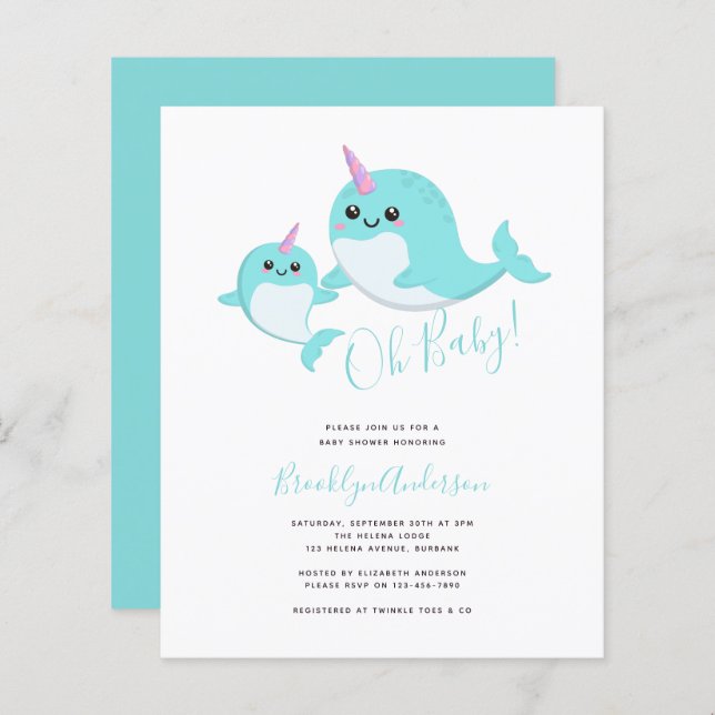 Budget Oh Baby Narwhal Baby Shower-inbjudan (Fram/baksida)