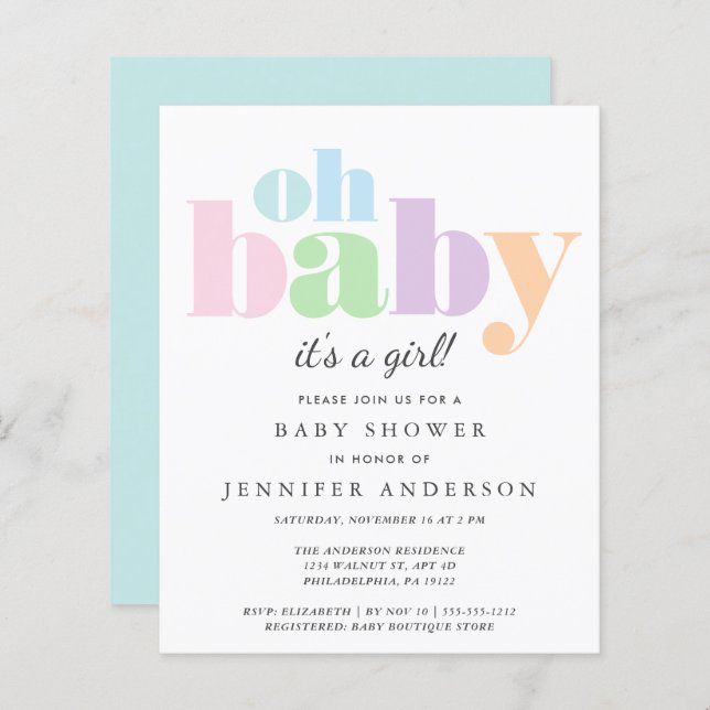 Budget Oh Baby Pastel Baby Shower-inbjudan (Fram/baksida)