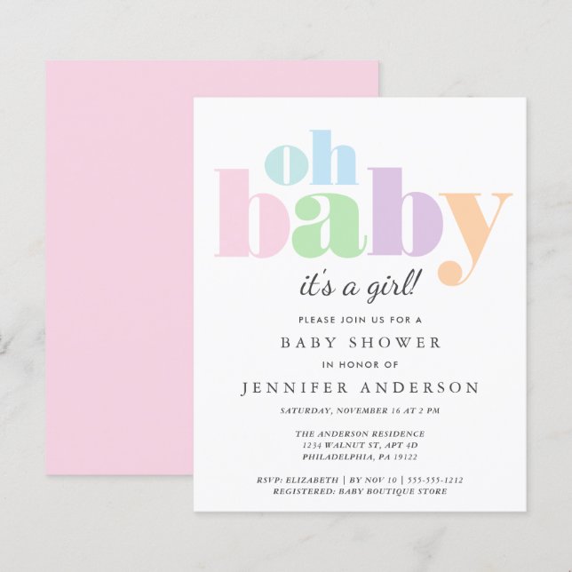 Budget Oh Baby Pastel Flicka Shower-inbjudan (Fram/baksida)