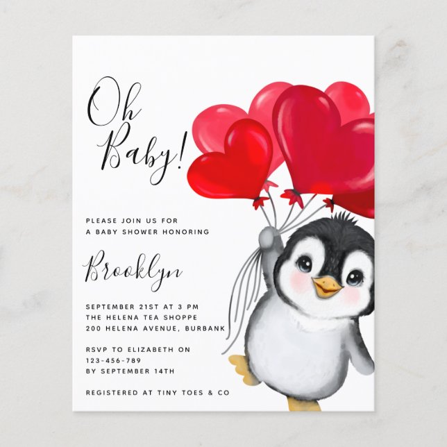 Budget Oh Baby Penguin Baby Shower-inbjudan (Framsida)