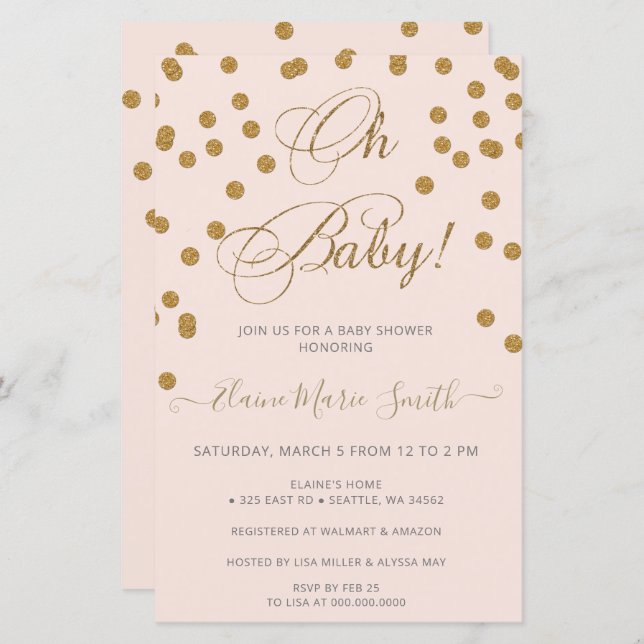 Budget Oh Baby Rosa Guld Baby Shower Inbjudan (Fram/baksida)