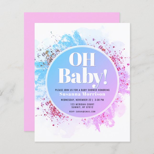 Budget Oh Baby Shower Watercolor Glitter (Fram/baksida)