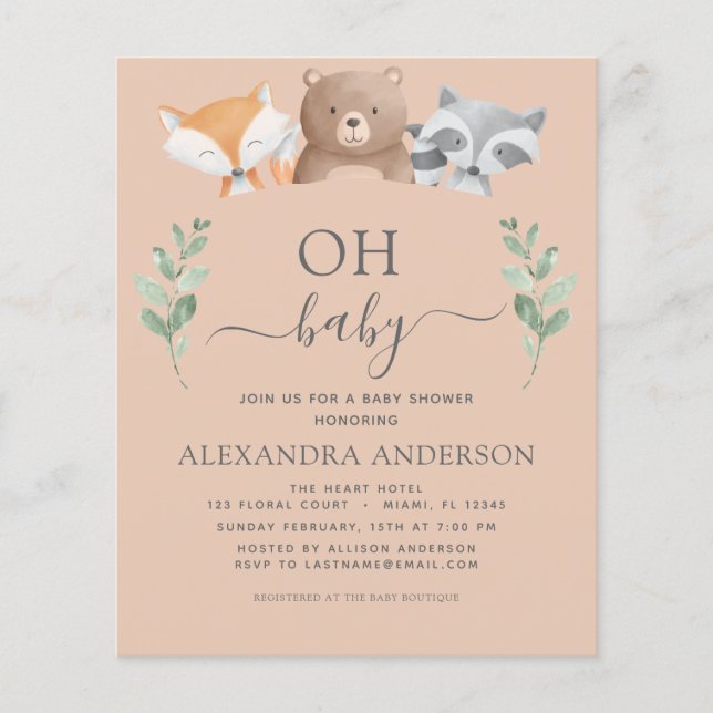 Budget Oh Baby Shower Woodland-inbjudningar (Framsida)