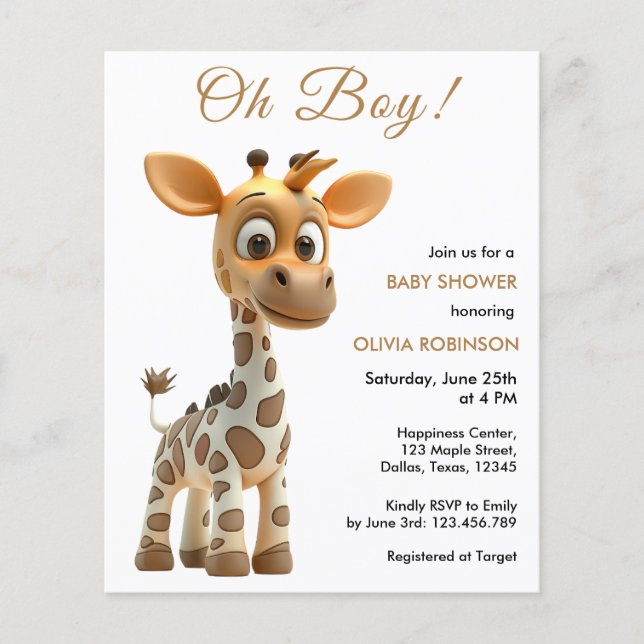 Budget Oh Boy Baby Giraffe Baby Shower-inbjudan Flygblad (Framsidan)