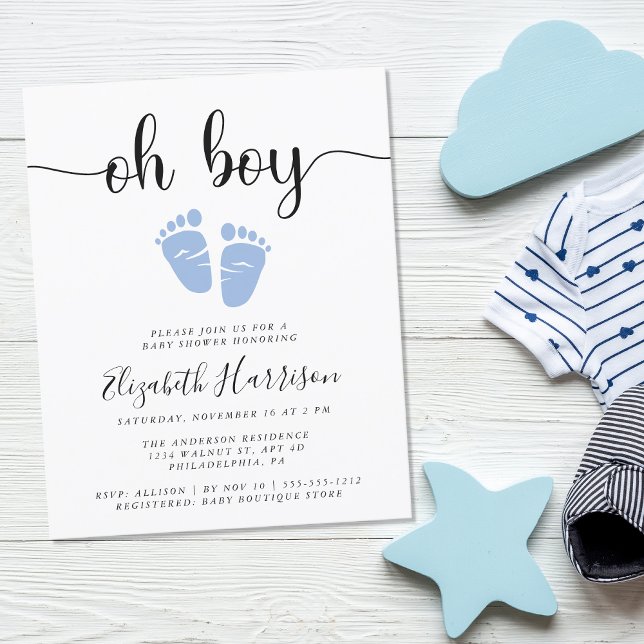 Budget Oh Boy Blue Baby Shower-inbjudan (Embrace the adventure and celebrate the arrival of your little baby boy!)