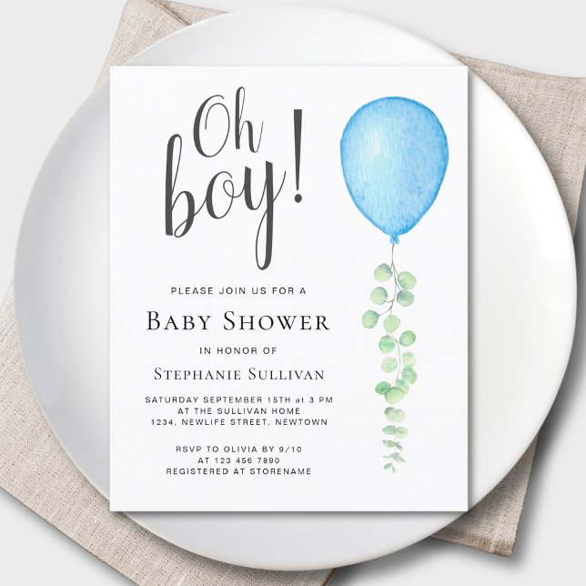 Budget Oh Boy Blue Balloon Baby Shower-inbjudan (Skapare uppladdad)
