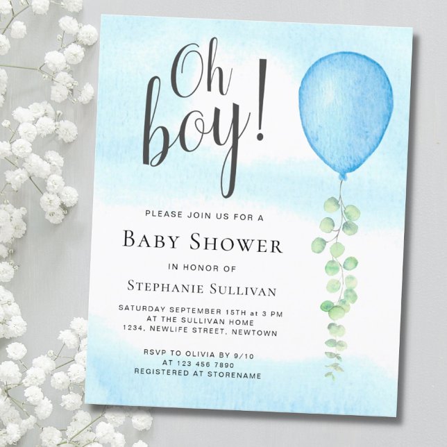 Budget Oh Boy Blue Balloon Baby Shower-inbjudan (Skapare uppladdad)