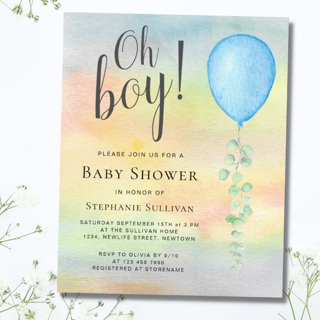 Budget Oh Boy Blue Balloon Baby Shower-inbjudan (Skapare uppladdad)