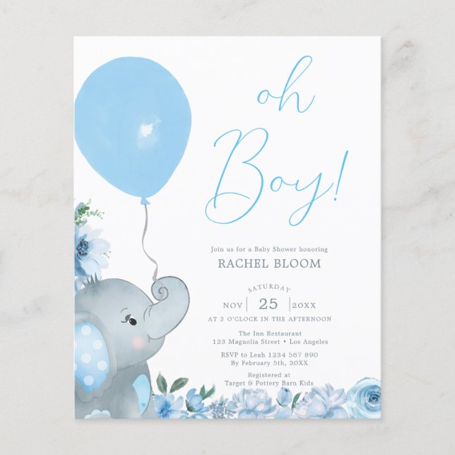 Budget Oh Boy Blue Elephant Baby Shower Flygblad (Framsidan)