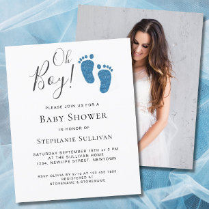 Budget Oh Boy Photo Blue Baby Shower-inbjudan