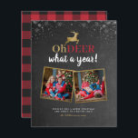 Budget Oh Hjort Tartan Chalkboard 2 Photo Helgdag<br><div class="desc">Det här helgdag-fotokortet är perfekt för alla familjer som tittar att skicka en roligt och ett modernt julfotokort. Den här designen har "Oh hjort, vad ett år!" i en blandning av modernt skript och handskrivet skript med en renare överst i ett faux guld-folie, placerad ovanpå en kritbakgrund med snöflingor överst....</div>