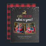 Budget Oh Hjort Tartan Chalkboard 2 Photo Helgdag<br><div class="desc">Det här helgdag-fotokortet är perfekt för alla familjer som tittar att skicka en roligt och ett modernt julfotokort. Den här designen har "Oh hjort, vad ett år!" i en blandning av modernt skript och handskrivet skript med en renare överst i ett faux guld-folie, placerad ovanpå en kritbakgrund med snöflingor överst....</div>