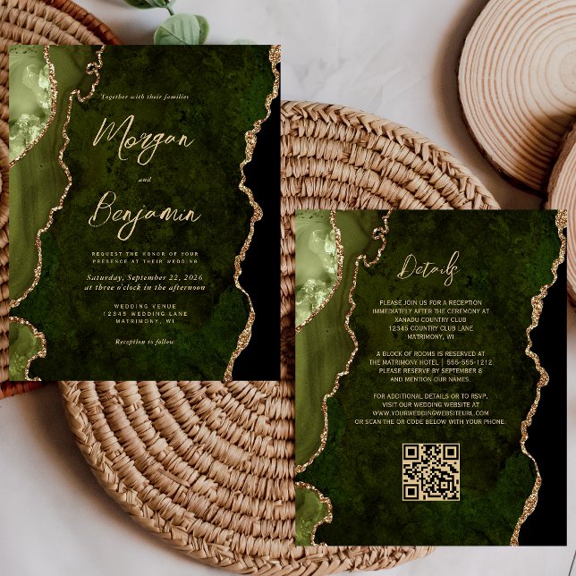 Budget Olive Green Agate Script QR Code Wedding (Skapare uppladdad)