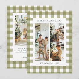Budget Olive Green Gingham Plaid 4 Photo Christmas Julkort