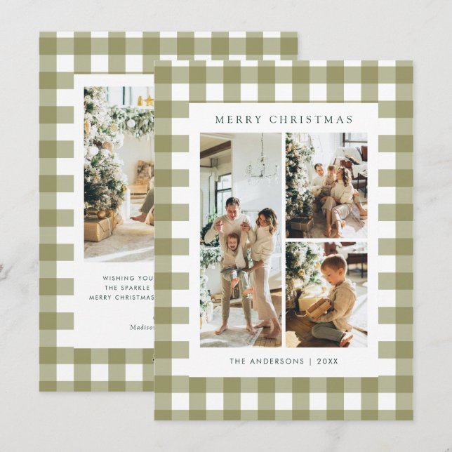 Budget Olive Green Gingham Plaid 4 Photo Christmas Julkort (Fram/baksida)