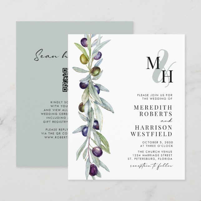 Budget Olive Monogram bröllopsinbjudan Gren (Fram/baksida)