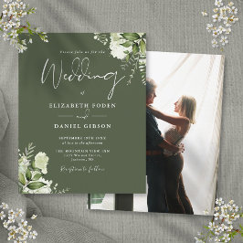 Budget olivgrön blomsterfotografi bröllopsinbjudan