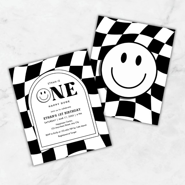 Budget One Lycklig Boy 1st Birthday-inbjudan (Budget One Happy Dude Happy Face Boy 1st Birthday Invitation  )