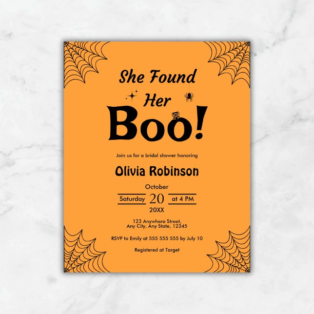 Budget Orange Black Halloween Möhippa Inbjudan (Budget Orange She Found Her Boo Halloween Bridal Shower Invitation  )