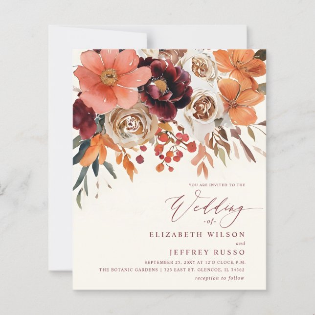 Budget Orange Floral Fall Wedding Invitation (Framsida)