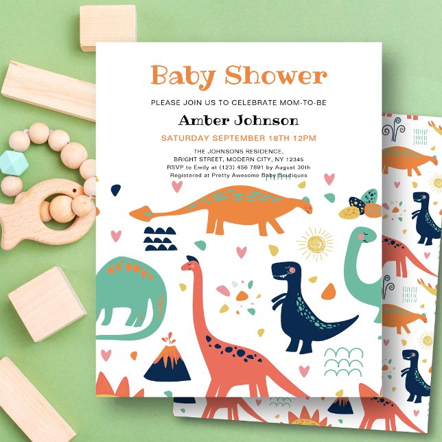 BUDGET Orange Grönt Baby Dinosaur Cute Baby Shower Flygblad (Skapare uppladdad)
