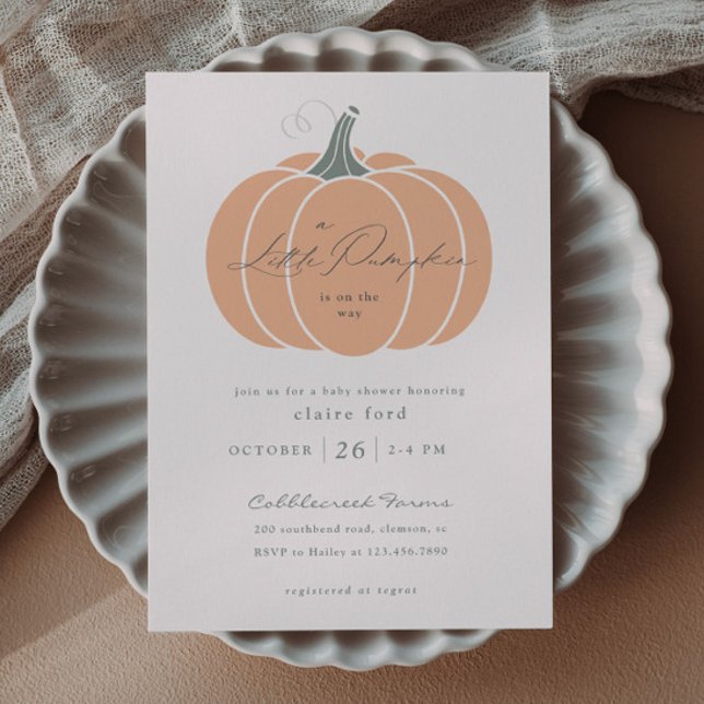Budget Orange Pumpa Höst Baby Shower Inbjudan (Elegant Orange Little Pumpkin Budget Baby Shower Invitations.)
