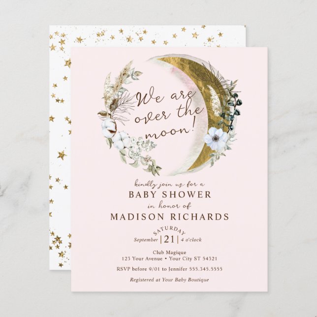 Budget över Guld Boho Baby Shower Inbjudan i Måne (Fram/baksida)