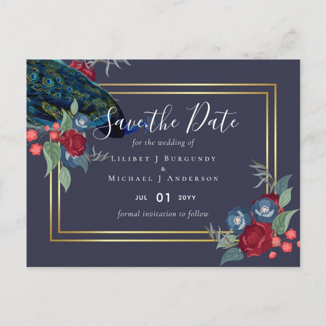 BUDGET Påfågel Blått Burgunder Vinter Höst Bröllop Vykort (Framsida)