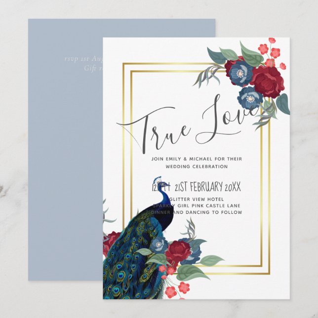 BUDGET  Påfågelsblå burgunderröd vinter höst bröll (Fram/baksida)