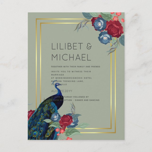 BUDGET  Påfågelsblå burgunderröd vinter höst bröll Vykort (Framsida)