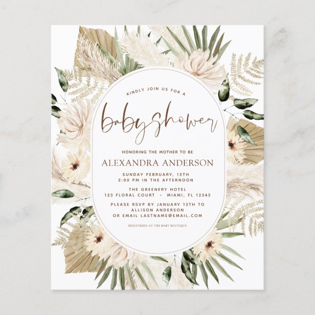 Budget Pampas Grass Baby Shower Boho Eucalyptus Flygblad (Framsidan)