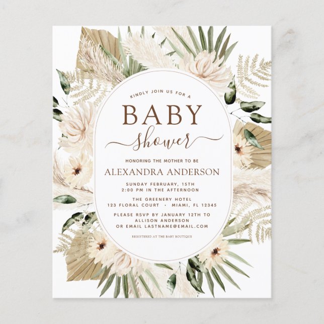 Budget Pampas Grass Baby Shower Boho Eucalyptus Flygblad (Framsidan)