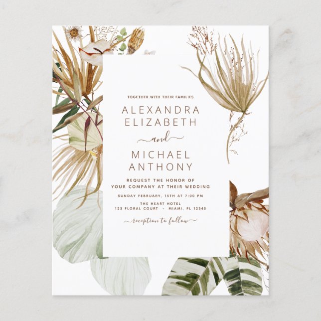 Budget Pampas Grass Bohemian Boho Tropical Bröllop Flygblad (Framsidan)