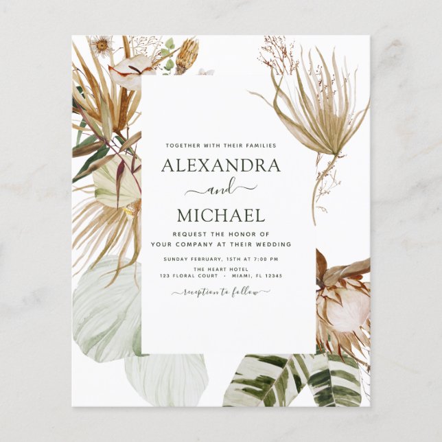 Budget Pampas Grass Bohemian Boho Tropical Bröllop Flygblad (Framsidan)