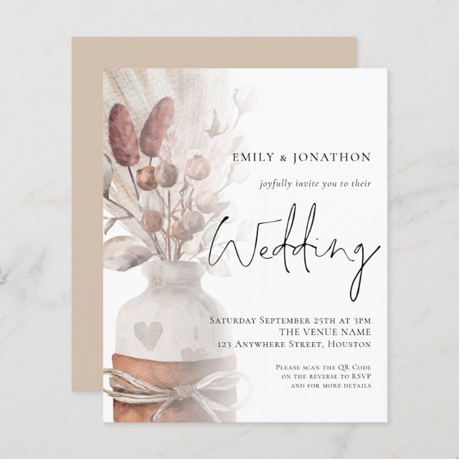 Budget Pampas Grass Overlay QR Code Wedding bjudan (Fram/baksida)