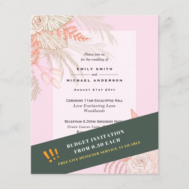 BUDGET Pampas Grass Terracotta Rosa Wedding bjudan Flygblad (Framsidan)