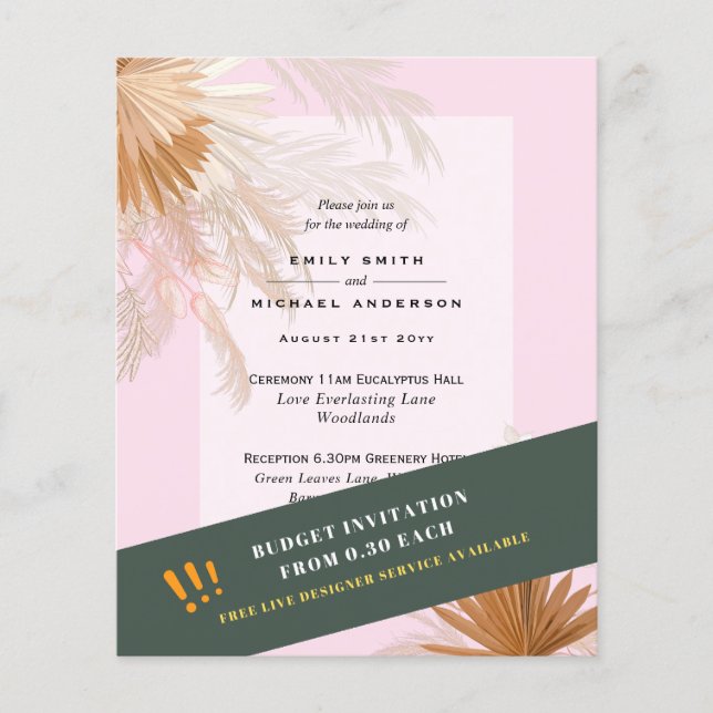 BUDGET Pampas Grass Terracotta Rosa Wedding bjudan Flygblad (Framsidan)